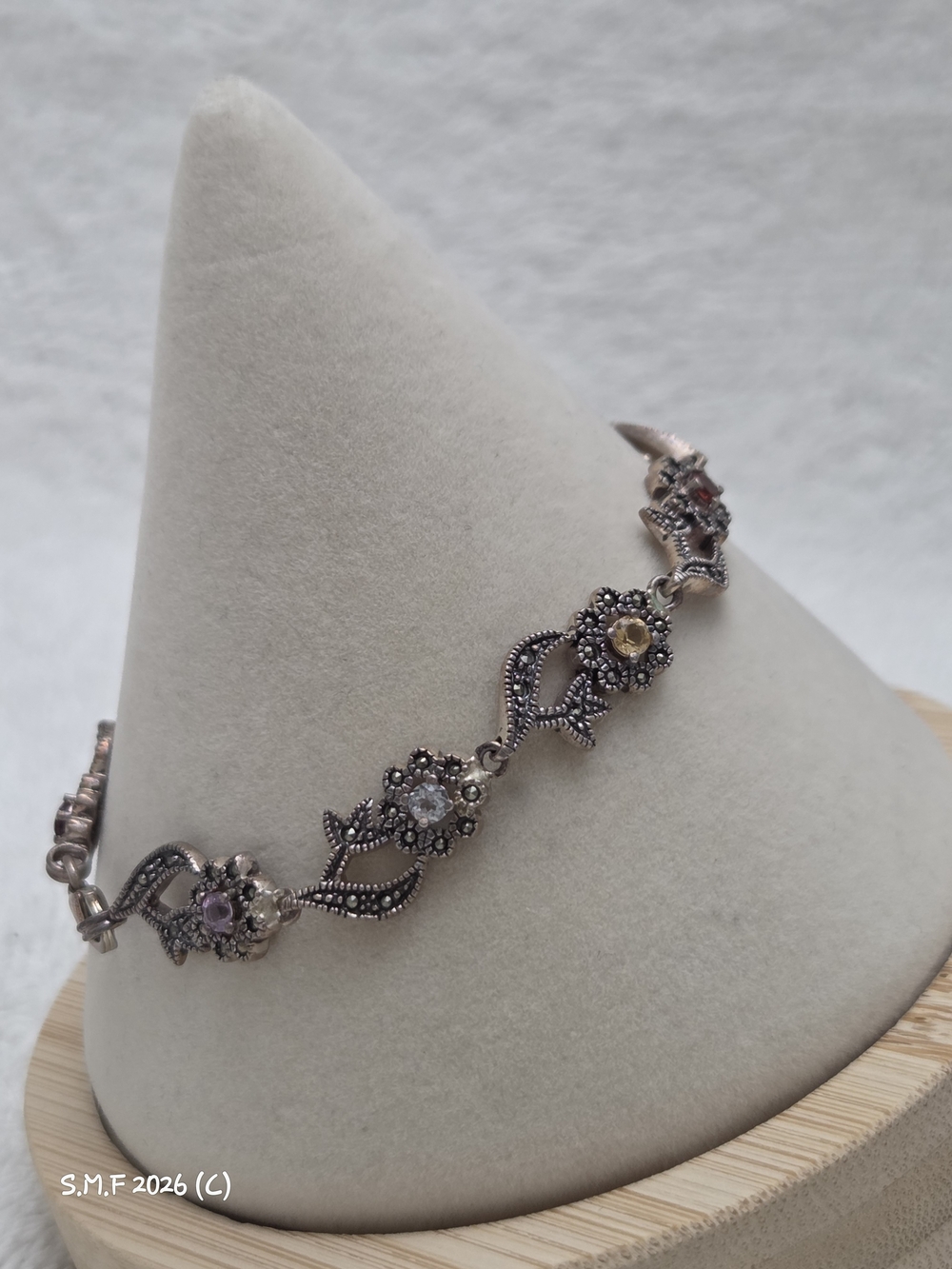 Vintage Sterling Silver Round Multi-Gemstone Marcasite Milgrain Floral Bracelet